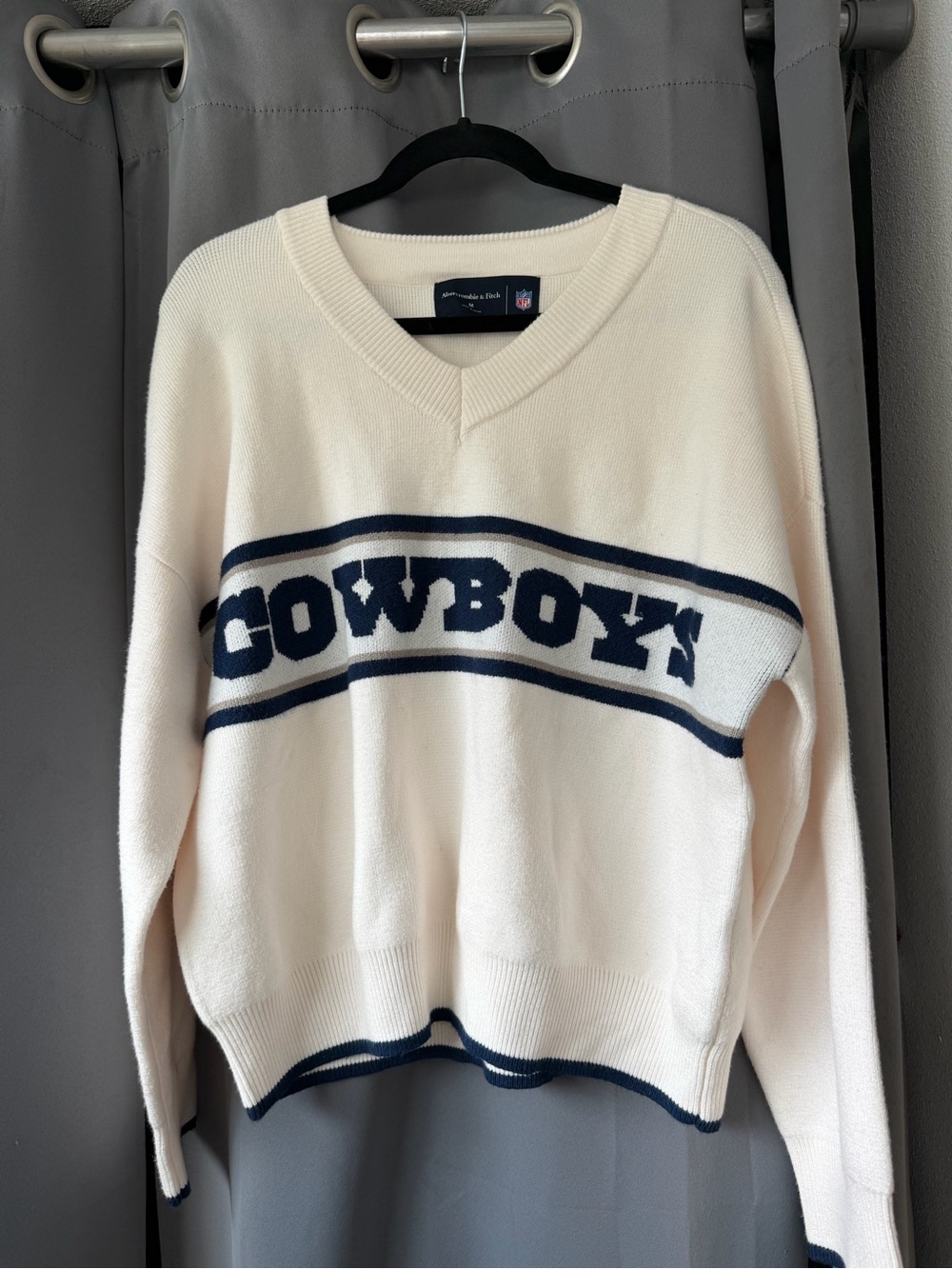 Abercrombie & Fitch Cream V-Neck Sweater with Navy Cowboys Script